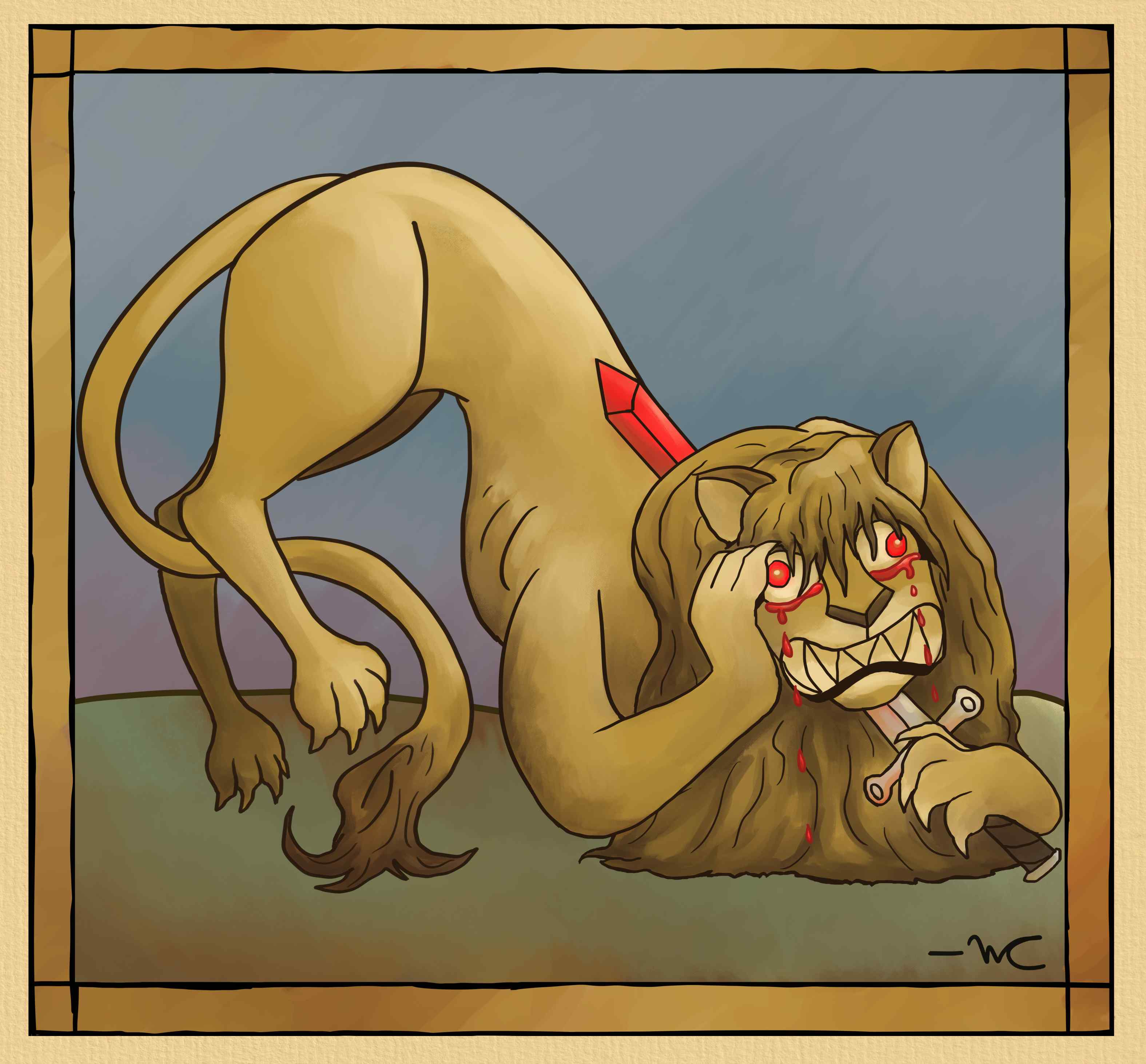 A digital drawing of a lion shoving a sword through its neck. It is crying blood.